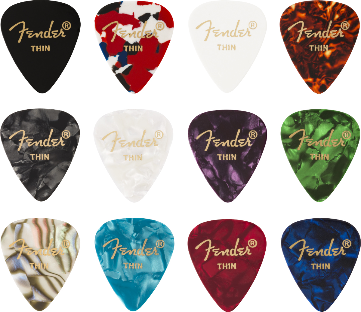 FENDER 351 MEDLEY PACK, 12 PICKS, CELLULOID, THIN, ONE OF EACH